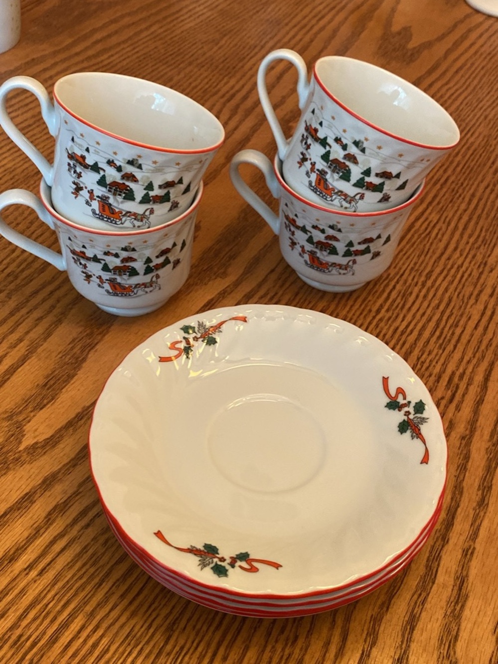 Kopin 4 pc Ribbon & Holly Porcelain Tea Cup and Saucer Set - White with Red Trim